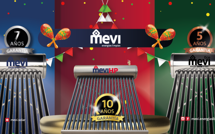 Modelos de calentadores solares MEVI (Blue, Eco, HP) para agua caliente sin gas. Fondo primaveral. Paneles solares MEVI disponibles.
 nergía solar para agua caliente. Promoción de primavera. 
